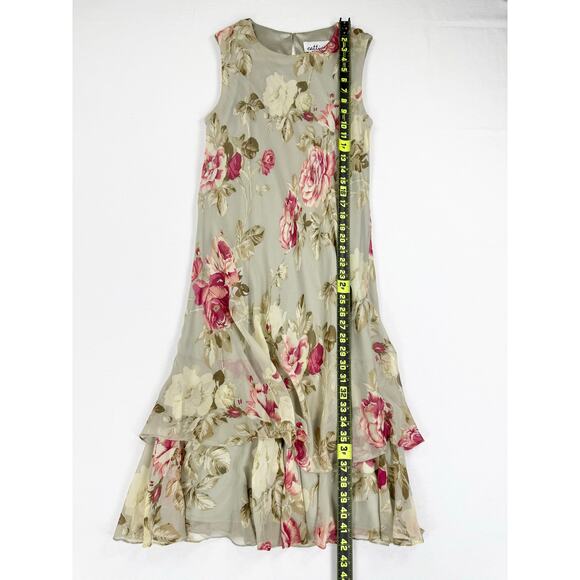 Vintage Cattiva  Women’s Floral 100% Silk Layered Slip Dress Size 10 Sage Green - Picture 12 of 12